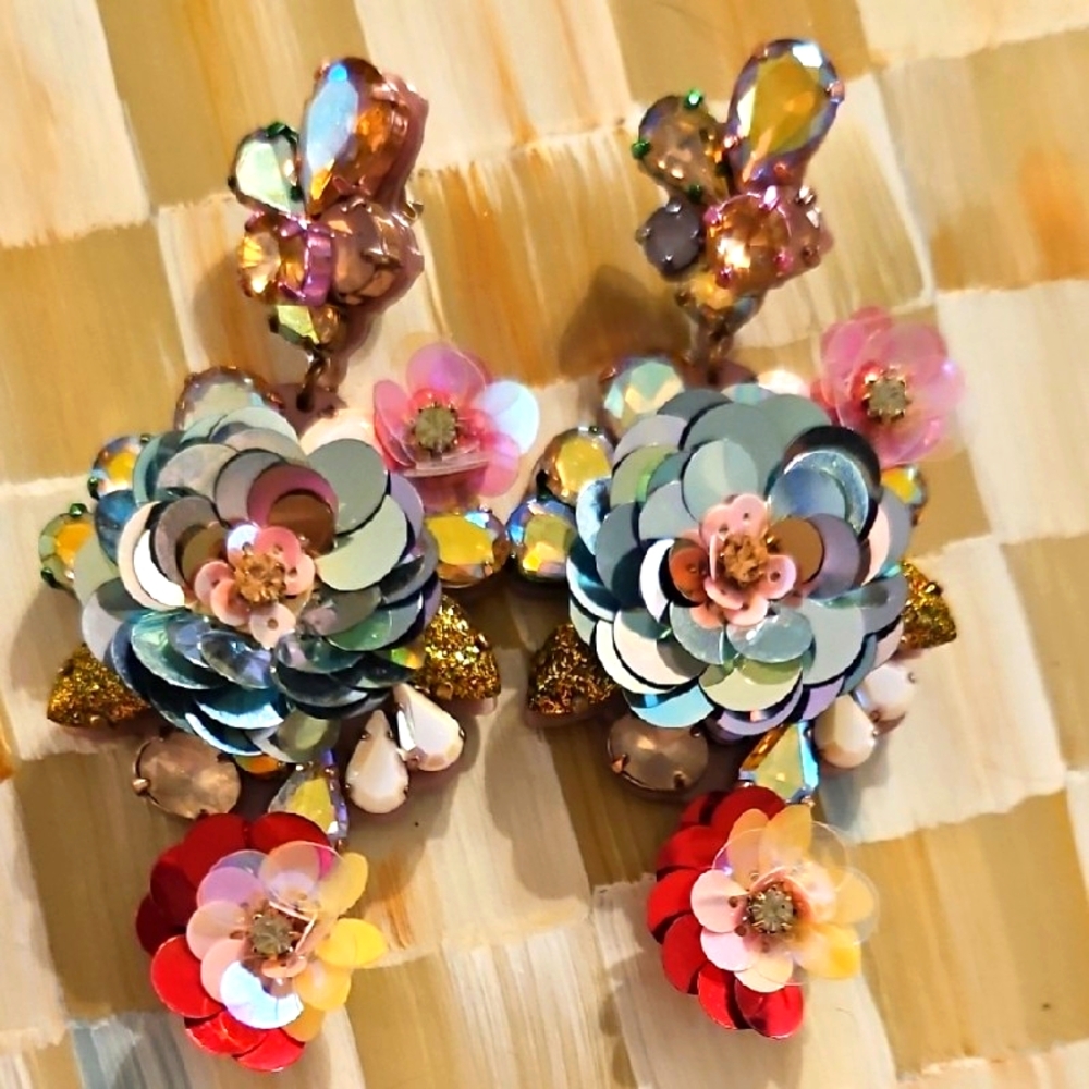 J. Crew HTF Floral Blooming Sequin Paillette Statement Earrings